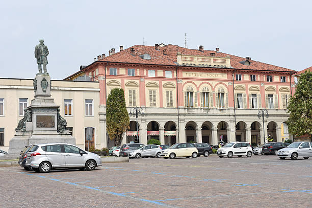 Central square with theater building at Biella on Italy stock photo