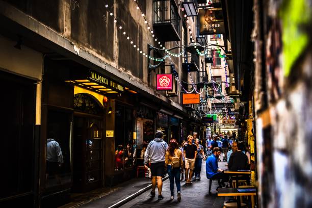 Centre Place Melbourne, Victoria, Australia, December 21st 2019: Centre Place laneway in the city centre of Melbourne was multicoloured string lights installed for the Christmas season. arts centre melbourne stock pictures, royalty-free photos & images