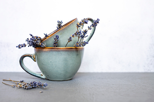 Ceramic cups with dry lavender flowers on gray background. Side view, space for text. Beautiful table setting.