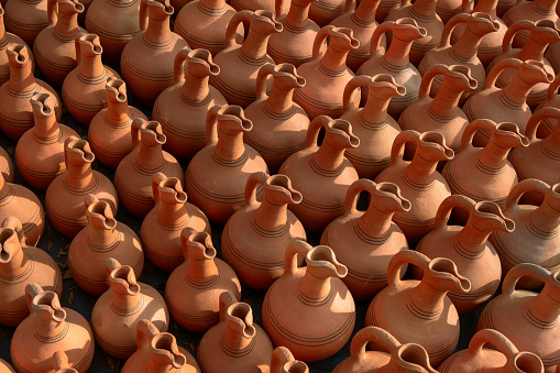 top view ceramic jugs pattern for wine in a street market