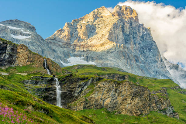 Cervinia - view of Cervinio Mountain - Landmark of Alps - history of mountaineering stock photo