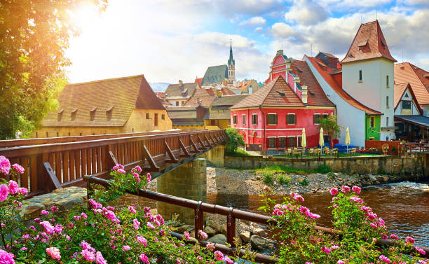Cesky Krumlov, Czech Republic. Wooden bridge on Vltava river Czech Krumlov, (Cesky Krumlov), Czech Republic. Wooden bridge over river Vltava. Vintage picturesque old town with colorful houses and chapel of church. Rose flowers on bank. Sunny summer day. prague old town square stock pictures, royalty-free photos & images