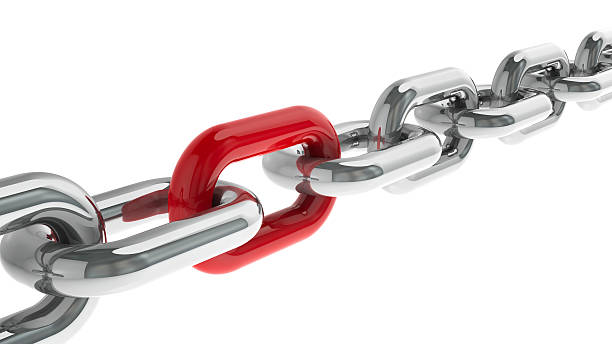 Chain with red link Chain with red link - concept particular person, three-dimensional rendering chain object stock pictures, royalty-free photos & images