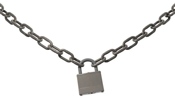 Chained Up Chain with padlock on a white background.This is a detailed 3d rendering. padlock stock pictures, royalty-free photos & images