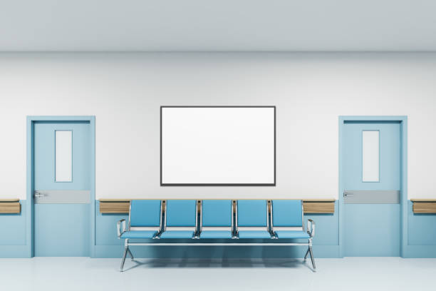 Chairs and poster in empty hospital hall Horizontal mock up poster frame hanging above blue chairs in clean modern hospital corridor. Concept of healthcare and coronavirus. 3d rendering corridor stock pictures, royalty-free photos & images