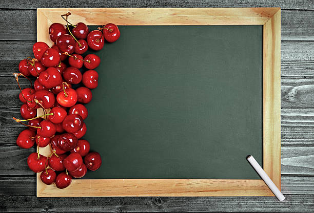 Chalkboard with cherries fruit stock photo