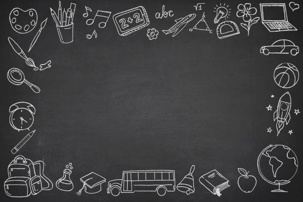 Chalkboard with School Symbols Chalkboard with school symbols with writing slate chalk art equipment stock pictures, royalty-free photos & images