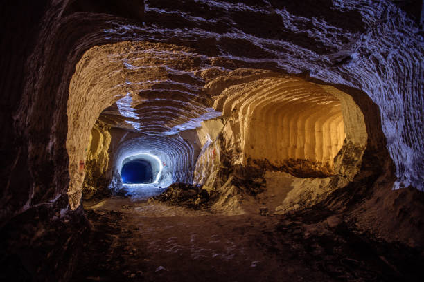 chalky mine tunnel with traces of drilling machine, belgorod, russia - belgorod stok fotoğraflar ve resimler