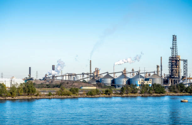 PF Chalmette Refinery in operation as viewed from the Mississippi River stock photo