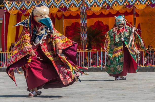 Cham Dancers at Shechen Monastery, Boudhanath, Kathmandu, Nepal Kathmandu, Nepal – February 19, 2012: Two Cham dancers at Shechen Monastery near Boudhanath Stupa, Kathmandu, Nepal at Losar (Tibetan New Year). The Cham (Tsam) dance is a sacred costume dance performed by Buddhist monks, where the dancers wear masks and multicolored robes. In the background young novices sit watching the ceremony. tibetan ethnicity stock pictures, royalty-free photos & images