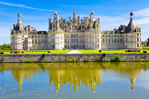 Chambord chateau panoramic from the canal stock photo