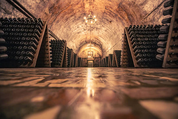 Champagne facory storehouse in the cellar Champagne facory storehouse in the cellar. High quality photo cellar stock pictures, royalty-free photos & images