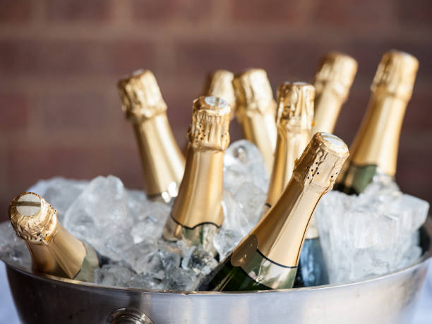 Champagne on Ice Champagne bottle in a bucket of ice. wedding reception stock pictures, royalty-free photos & images