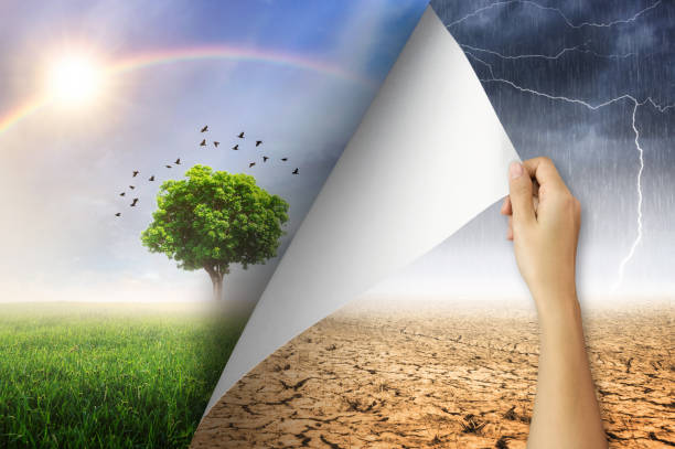 Change concept, Open paper. Change concept, Woman hand turning arid and rain with lightning storm environment paper page to good environment. drought photos stock pictures, royalty-free photos & images