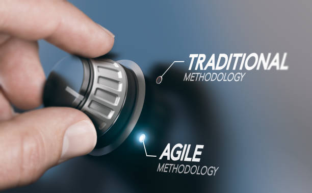 Changing Project Management Methodology From Traditional to Agile PM Man turning knob to changing project management methodology from traditional to agile PM. Composite image between a hand photography and a 3D background. knob stock pictures, royalty-free photos & images