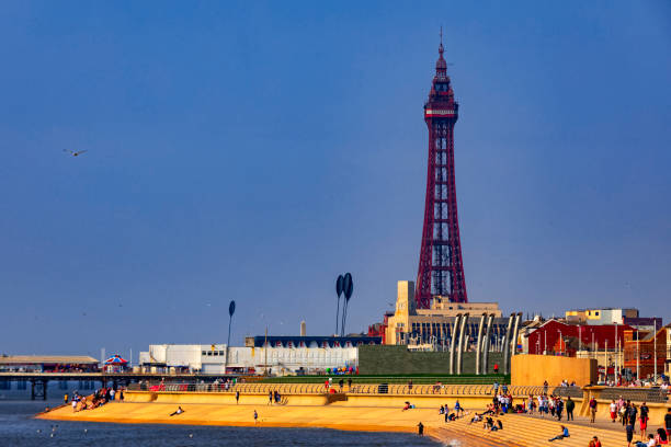 characteristic Blackpool Tower at Blackpool Blackpool, United Kingdom - April 21, 2018; characteristic Blackpool Tower at Blackpool blackpool tower stock pictures, royalty-free photos & images