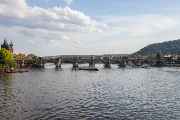 Charles Bridge that crosses the Vltava river in Prague, Czech Republic. stock photo