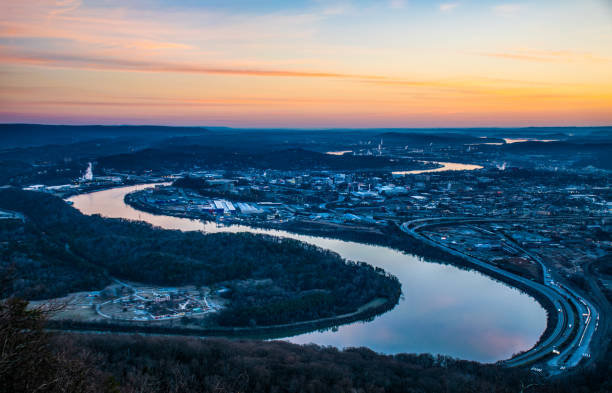 Chattanooga Tennessee Skyline and Tennessee River Downtown Chattanooga, Tennessee TN Skyline and Tennessee River from Point Park and Lookout Mountain. tennessee river stock pictures, royalty-free photos & images
