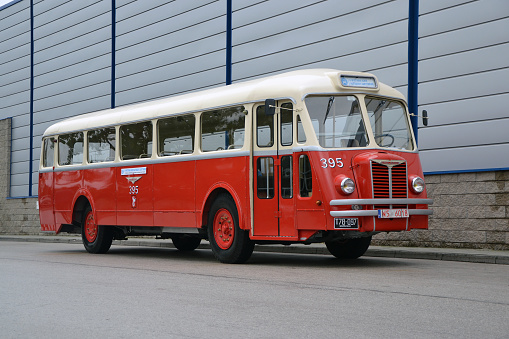 Kielce, Poland - 19 September, 2013: Classic Chausson AH 48 parked on a street. This model was one of the first self-supporting buses in the world.