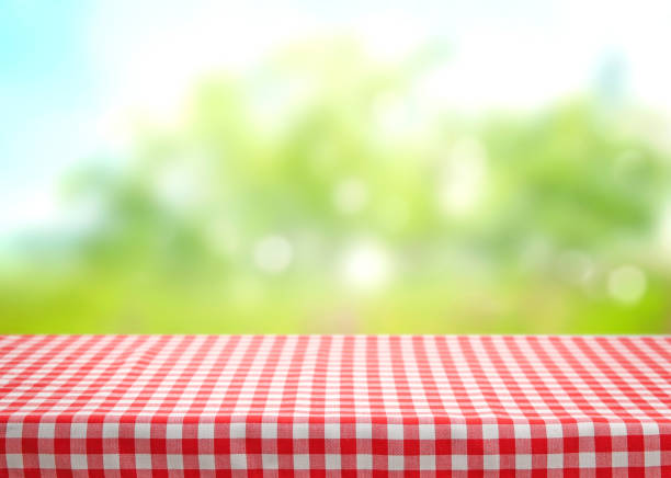Checkered picnic red table cloth table on natural background. Checkered red picnic table cloth on blurred natural background wmpty space. picnic stock pictures, royalty-free photos & images