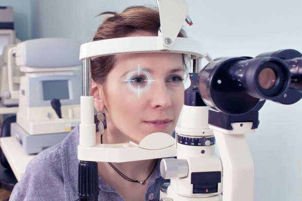 Checking eyesight in a clinic of the future stock photo