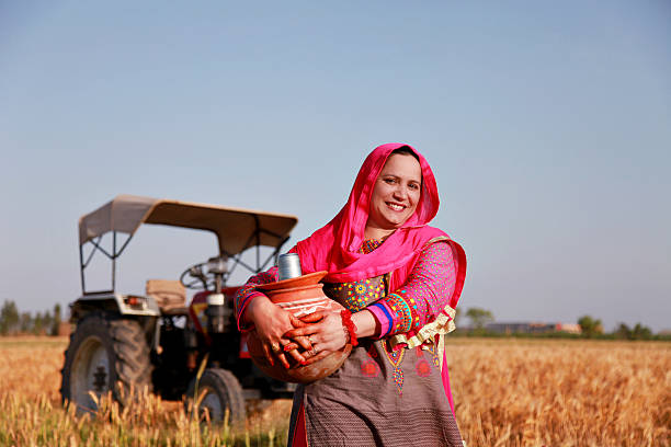 Cheerful Farmer women carrying water pot Cheerful Female Farmer Carrying drinking water pot made of mud & going though wheat field, she is wearing Salwar Kameez which is traditional clothing form women in Haryana, India. There is a tractor in the background which is standing in wheat field. haryana stock pictures, royalty-free photos & images