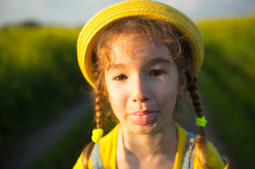 A cheerful girl in a yellow hat in a summer field hooligan shows the tongue and teases. Carelessness, joy, sunny weather, holidays. Lifestyle, kind and funny face, close-up portrait