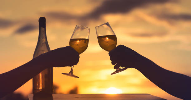 Cheers! Couple cheering with wine glasses in a beautiful sunset setting. SUNSET WINE DINNER stock pictures, royalty-free photos & images