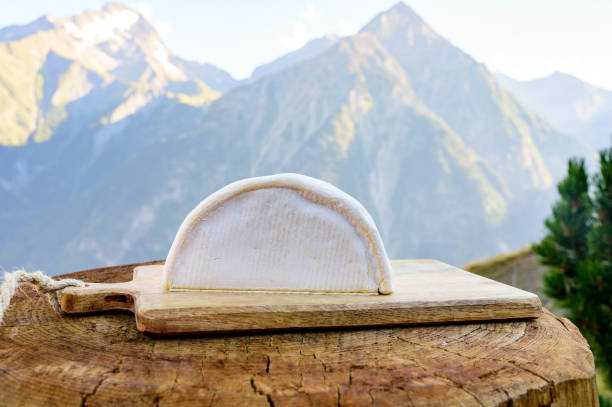 Cheese collection, French reblochon de savoie cheese served outdoor in Savoy region, with Alpine mountains peaks on background stock photo