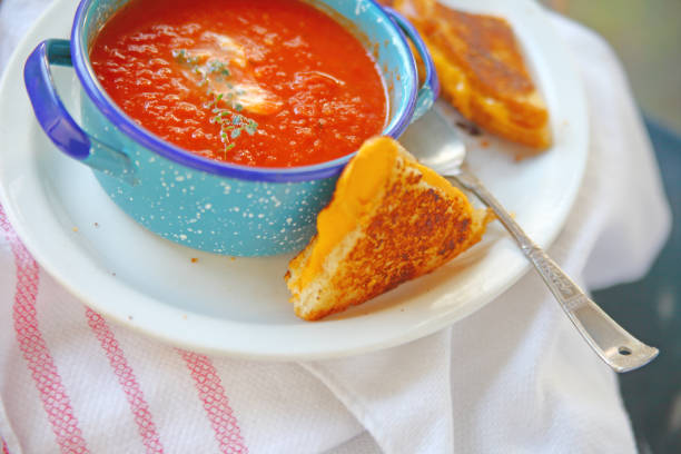 Cheese sandwich with tomato soup stock photo