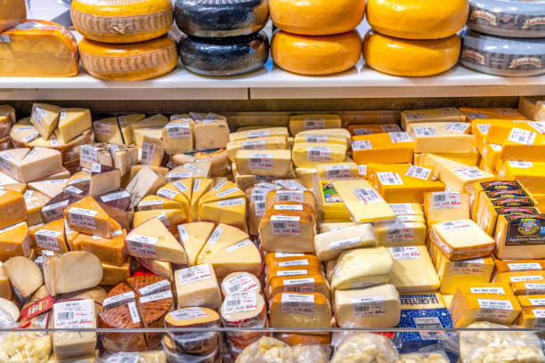 Cheese Variety In Market Stall stock photo
