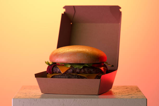Cheeseburger in Box From Recyclable Craft Paper Or Cardboard Illuminated By Warm Light. Delivery. 3d rendering Fresh Cheeseburger in Blank Box From Recyclable Craft Paper Or Cardboard Illuminated By Warm Light. Packaging Template. Mock up. Delivery. Copy space. Empty Space. 3d rendering burger wrapped in paper stock pictures, royalty-free photos & images