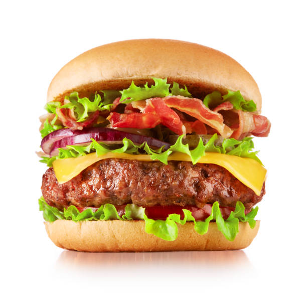 cheeseburger geïsoleerd op wit - hamburger stockfoto's en -beelden