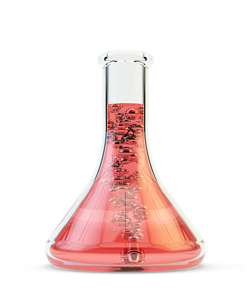 Chemical component reaction concept Laboratory flask with clear red boiling liquid isolated on white chemical reaction stock pictures, royalty-free photos & images