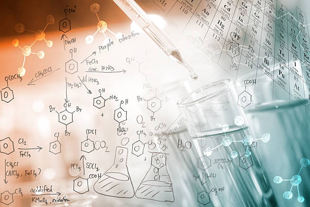 Chemical concept researcher dropping the clear reagent into test tube with periodic table and chemical equations background, for reaction testing in chemical laboratory. chemical reaction stock pictures, royalty-free photos & images