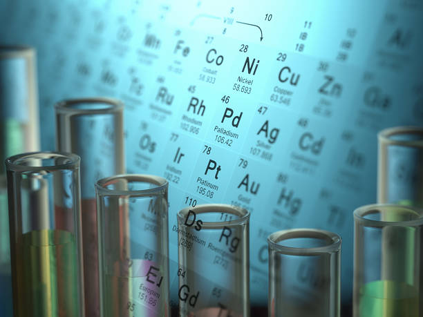 Chemical Elements Test tubes with chemical elements inside and periodic table on background. periodic table stock pictures, royalty-free photos & images