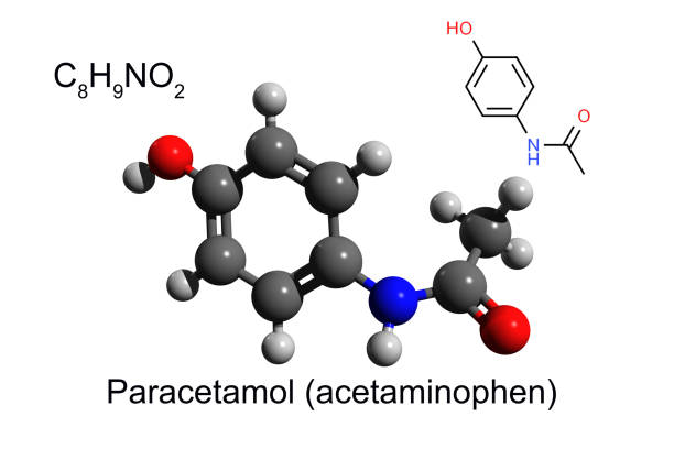 Chemical formula, skeletal formula and 3D ball-and-stick model of paracetamol (acetaminophen) stock photo