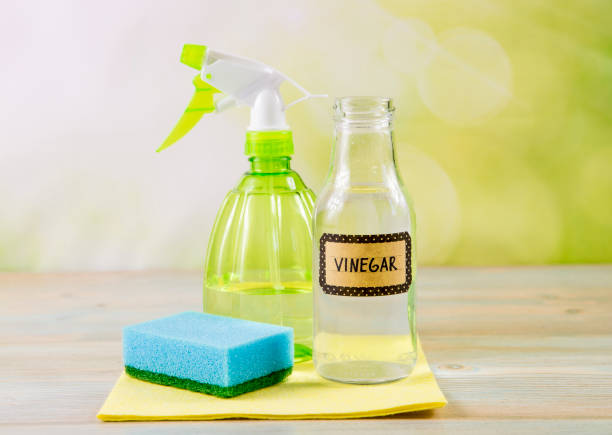 Chemical free home cleaner products concept. Using natural destilled white vinegar in spray bottle to remove stains. Tools on wooden table, green bokeh background, copy space. stock photo
