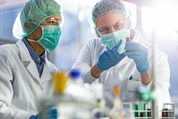 Chemists cooperating while analyzing chemical substance in laboratory. Two scientists cooperating while examining antiviral drug in a test tube at laboratory. Focus is on man. scientist stock pictures, royalty-free photos & images