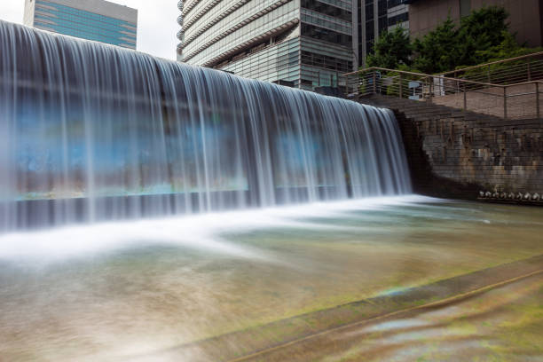 Cheonggyecheon stream waterfalls long exposure in Seoul, South Korea. stock photo