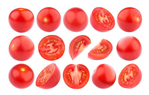 beyaz arka plan üzerinde izole kiraz domates. koleksiyonu - domates stok fotoğraflar ve resimler