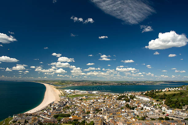 Chesil Beach, Castletown and Portland Harbour Dorset England stock photo
