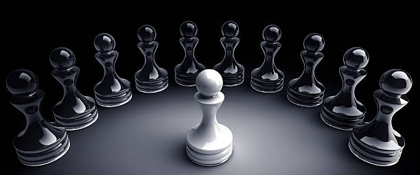 Chess background central figure - white pawn 3d illustration stock photo