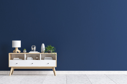 Download Chest Of Drawers In Living Room Interior Dark Blue Wall ...