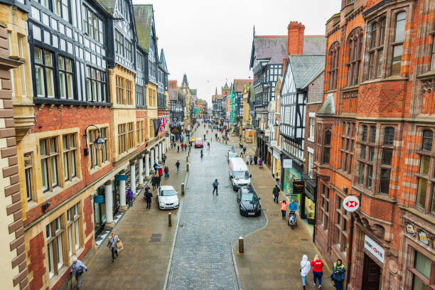 Chester high street from above Top down view of Chester main Highstreet - Taken on a cold day in March, 2019 cheshire england stock pictures, royalty-free photos & images