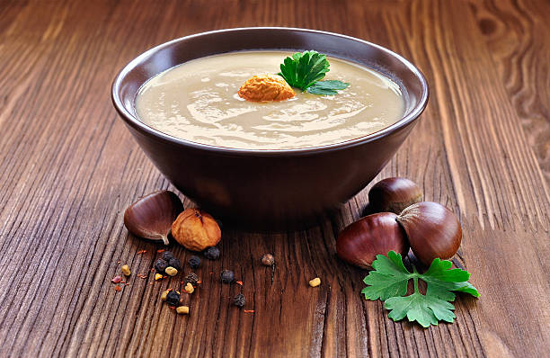 Chestnut soup Chestnut soup, rustic stile. chestnut food stock pictures, royalty-free photos & images
