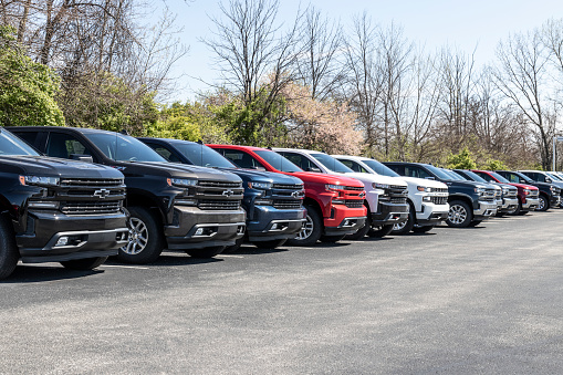Plainfield - Circa April 2021: Chevrolet Silverado 1500 display. Chevy is a division of GM and offers the Silverado 1500 in WT, Custom, Custom Trail Boss, LT, RST, LT Trail Boss, LTZ, and High Country versions.