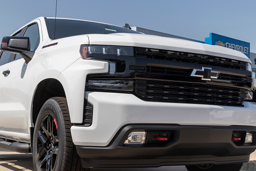 Muncie - Circa August 2021: Chevrolet Silverado 1500 display. Chevy is a division of GM and offers the Silverado 1500 in WT, Custom, Custom Trail Boss, LT, RST, LT Trail Boss, LTZ, and High Country versions.