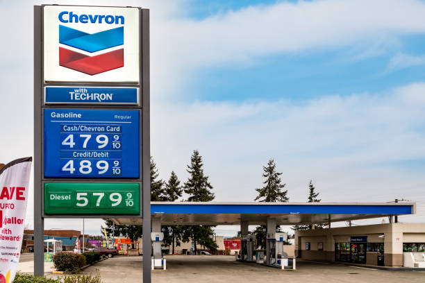 Chevron Gas Station Gas Prices Over Four Dollars A Gallon stock photo