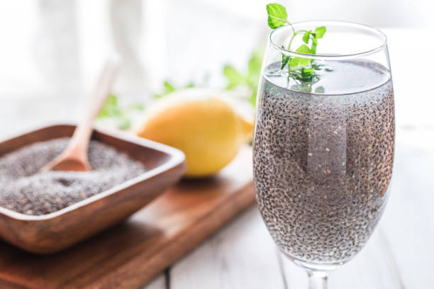 Chia seed drink in glass stock photo